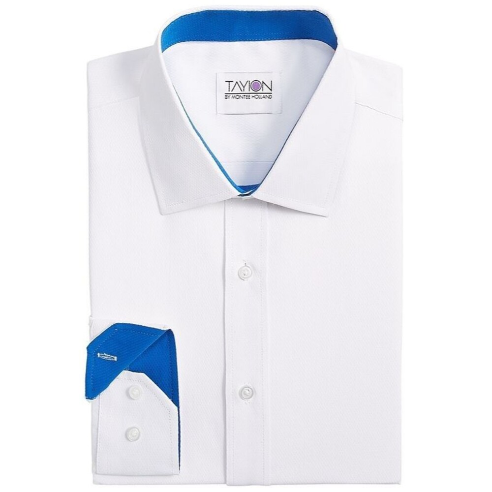 Tayion Collection Men's Slim-Fit Blue Trim White Dress Shirt M 15-15.5/34-35